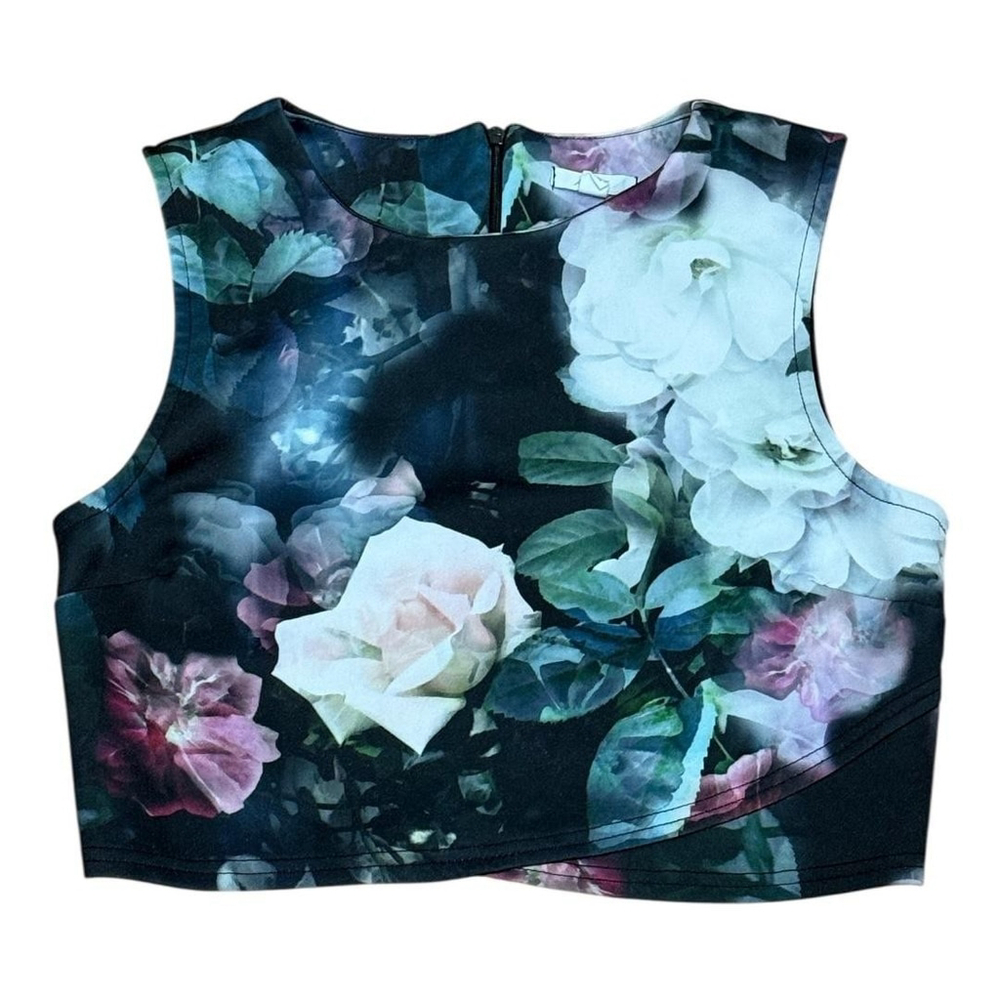Ardene Crop Top Womens Small Black Floral Sleeveless Fitted Stretchy Tank Shirt